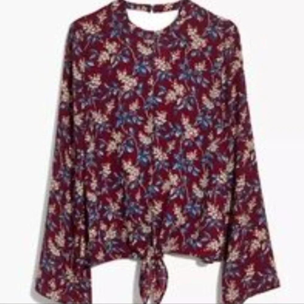 Madewell Burgundy Bell-Sleeve Tie Top in Antique Flora Size Sz XXL - Picture 2 of 6